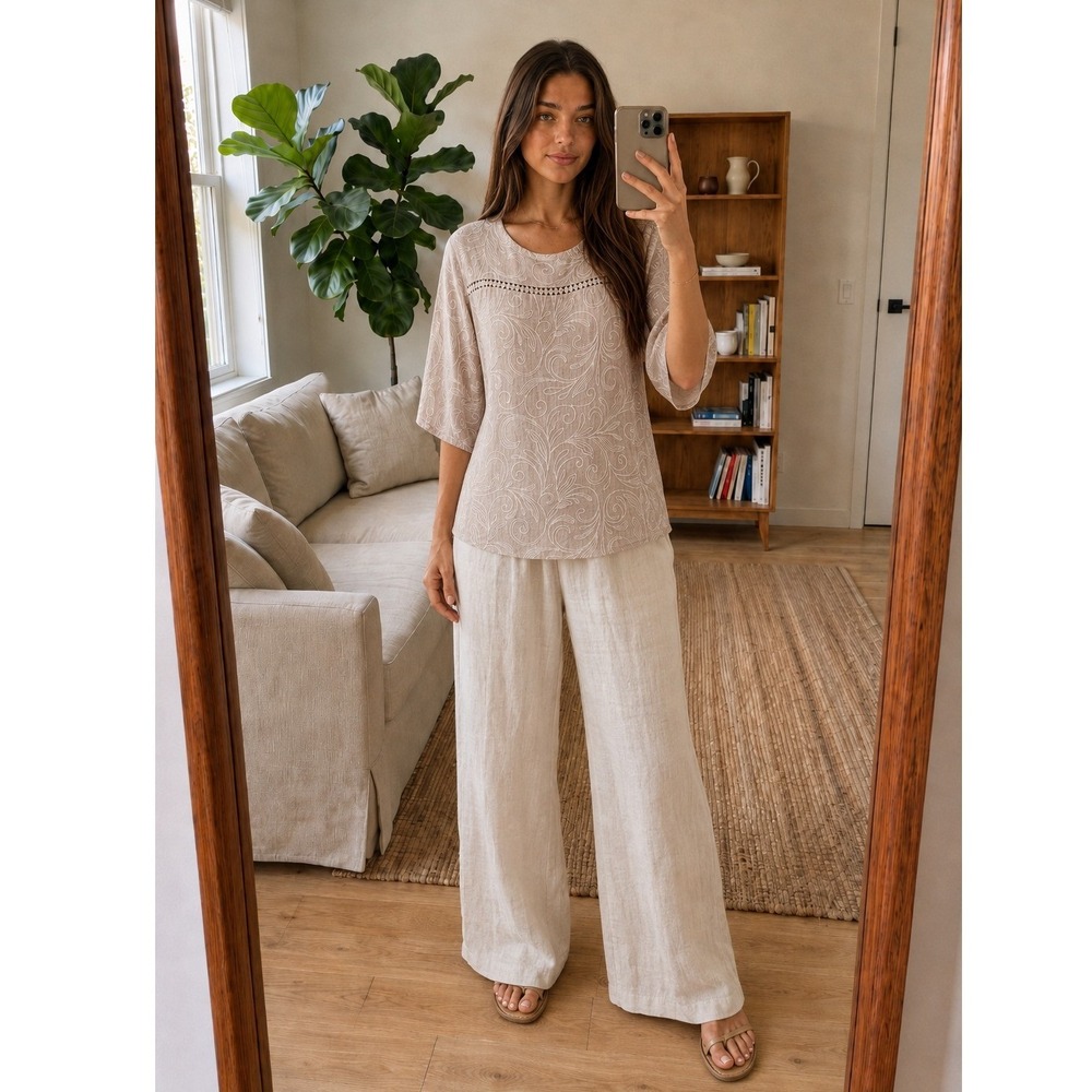 Spighe Di Lino Womens Linen Embroidered Blouse M Coastal Italy Lagenlook Summer